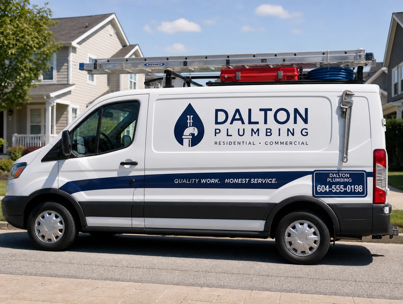 Lone Star Plumbing Co. service technician and branded van parked outside a Montgomery County home