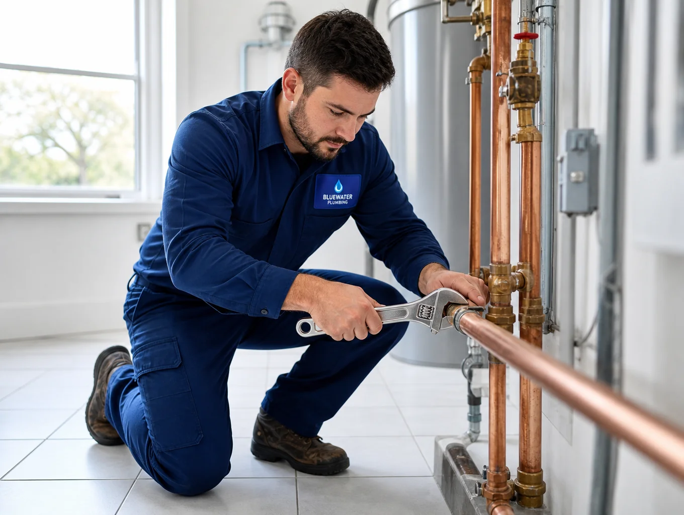Licensed plumber working on residential copper plumbing fixtures in Texas home